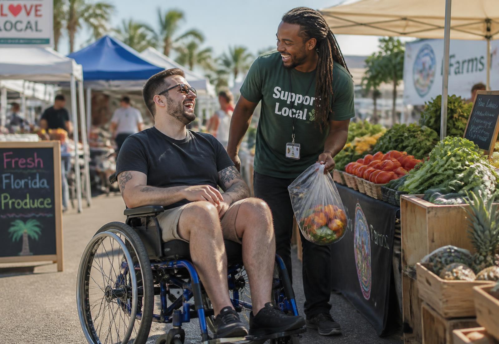 A young adult who uses a wheelchair laughing with his support staff while shopping at an outdoor Florida farmers market.